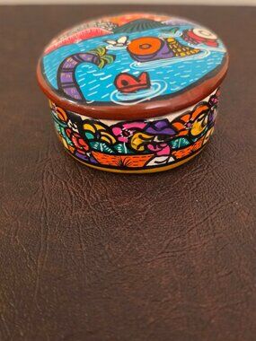 Mexican Terracotta Trinket Box is a beautifully hand-painted piece of folk art